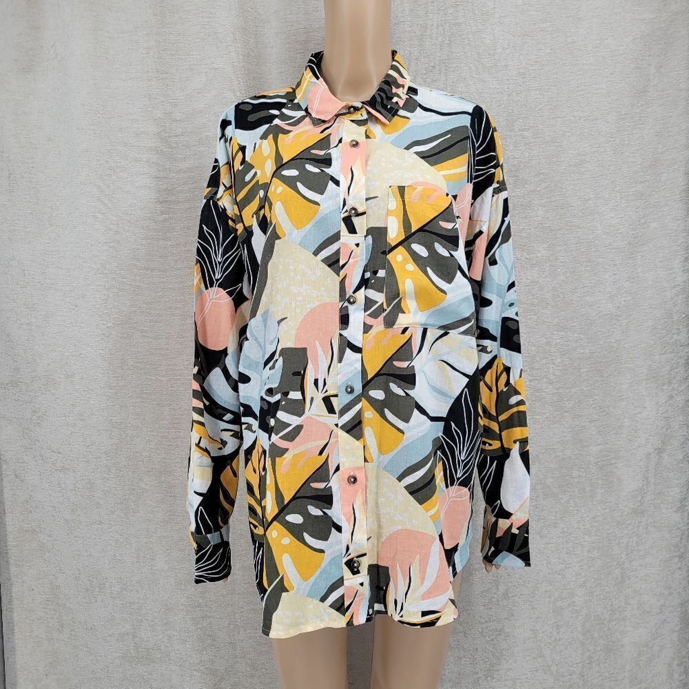 Calia Oversized Long Sleeve Button Down Palm Multi Rayon Linen Tropical NEW